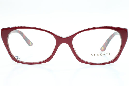 Red Versace eyeglasses on a white background