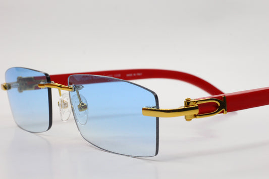 Porta Romana 1953 100B Gold & Red Wood Rimless Luxury Sunglasses -Ma