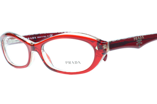 Red Prada eyeglasses on a white background