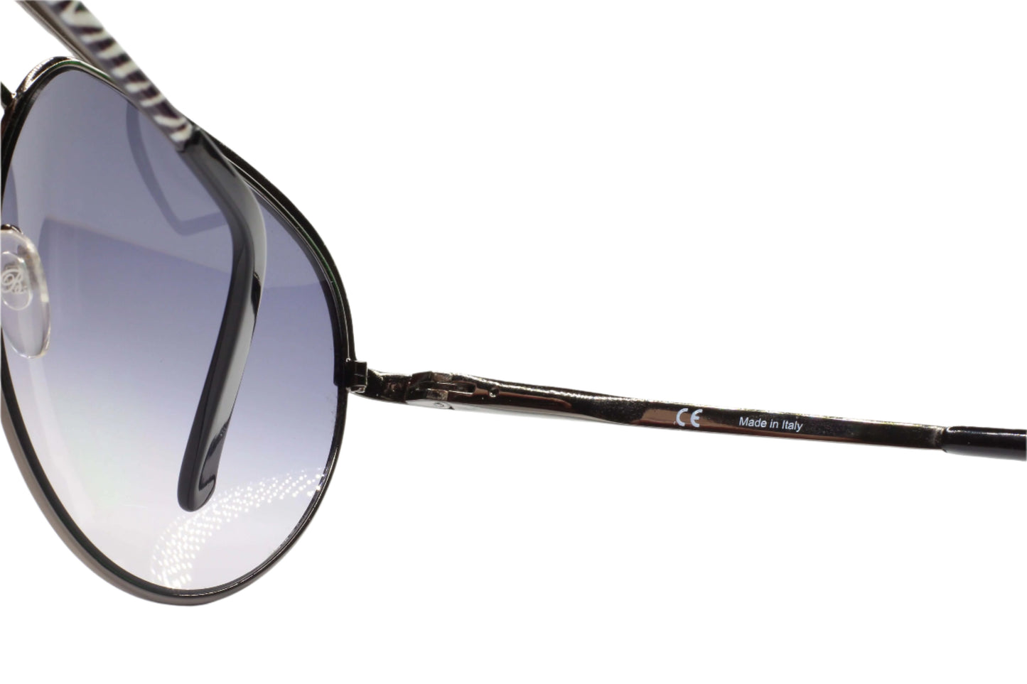 Close-up of Blumarine SBM9512 08Q3 sunglasses online with black frame and gradient lenses by ABC Optical