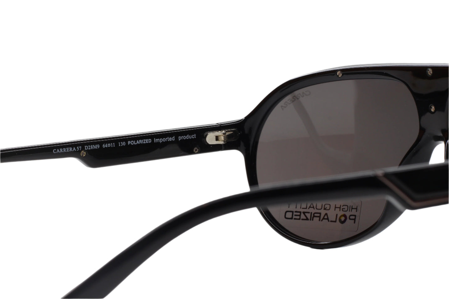 Close-up of ABC Optical Carrera 57 black aviator sunglasses showing black frame and polarized lenses
