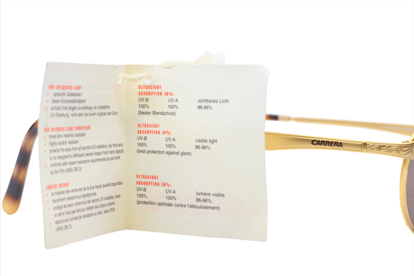 Close-up of Carrera CA5519 vintage sunglasses optical frames with a product information tag attached