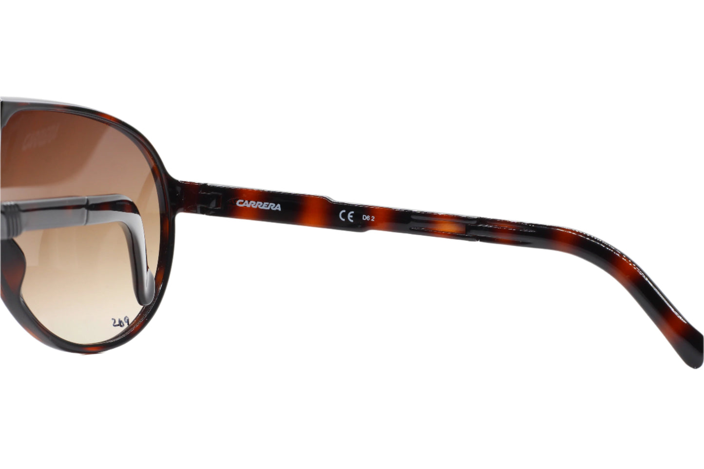 Close-up view of Carrera Champion brown designer sunglasses showcasing tortoiseshell optical frames by ABC Optical