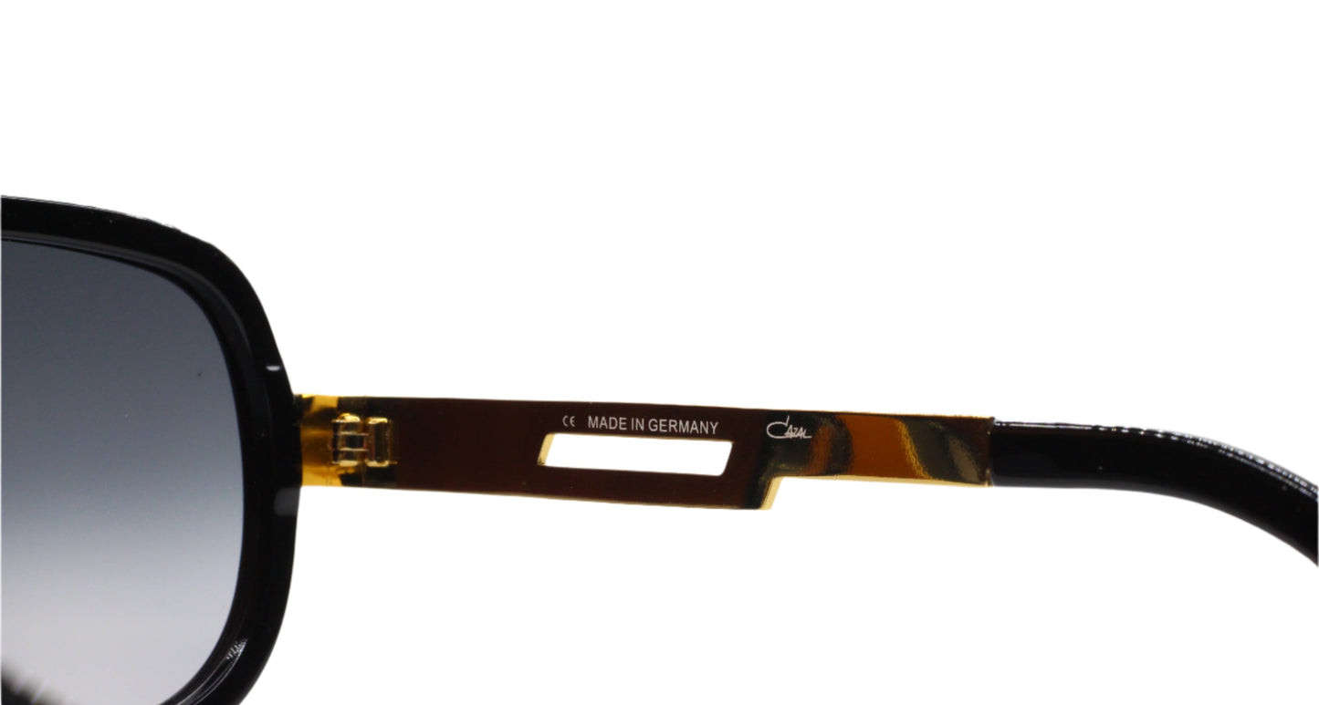 Close-up of black and gold frame arm of Cazal 665 sunglasses black gold made in Germany