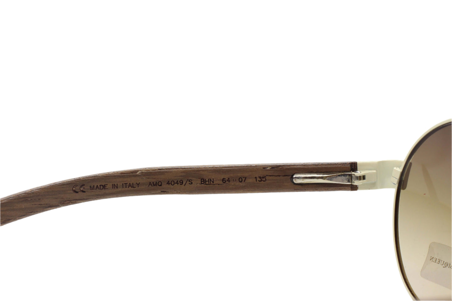 Side view of designer Alexander McQueen AMQ4049S eyewear wooden temple with metal hinge by ABC Optical