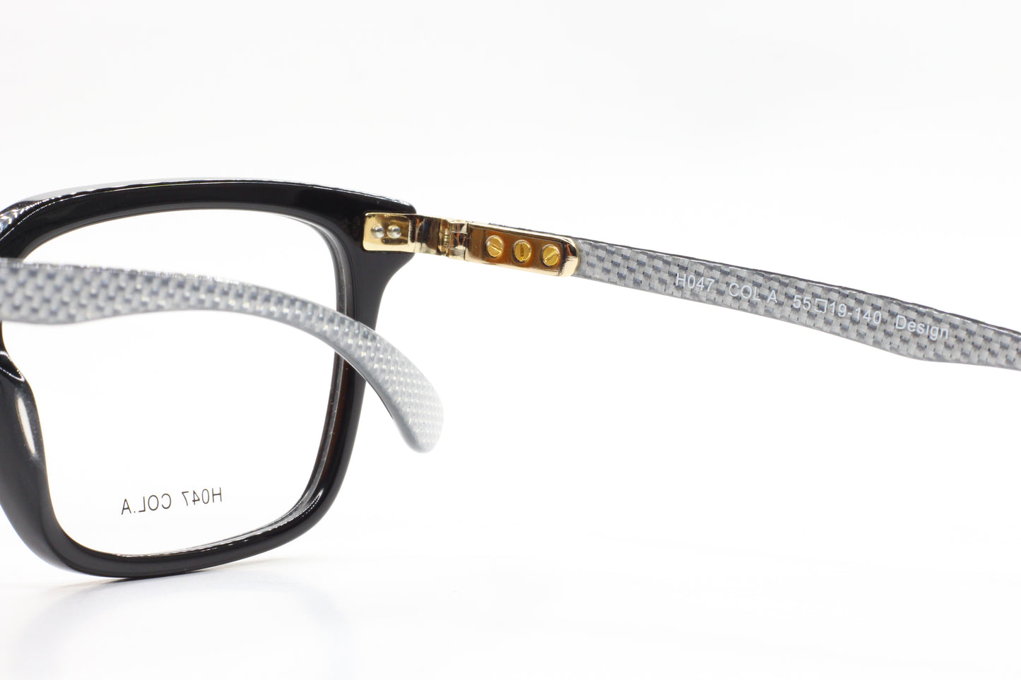 ABC Optical black acetate designer eyeglasses with clear textured temples and gold hinge details