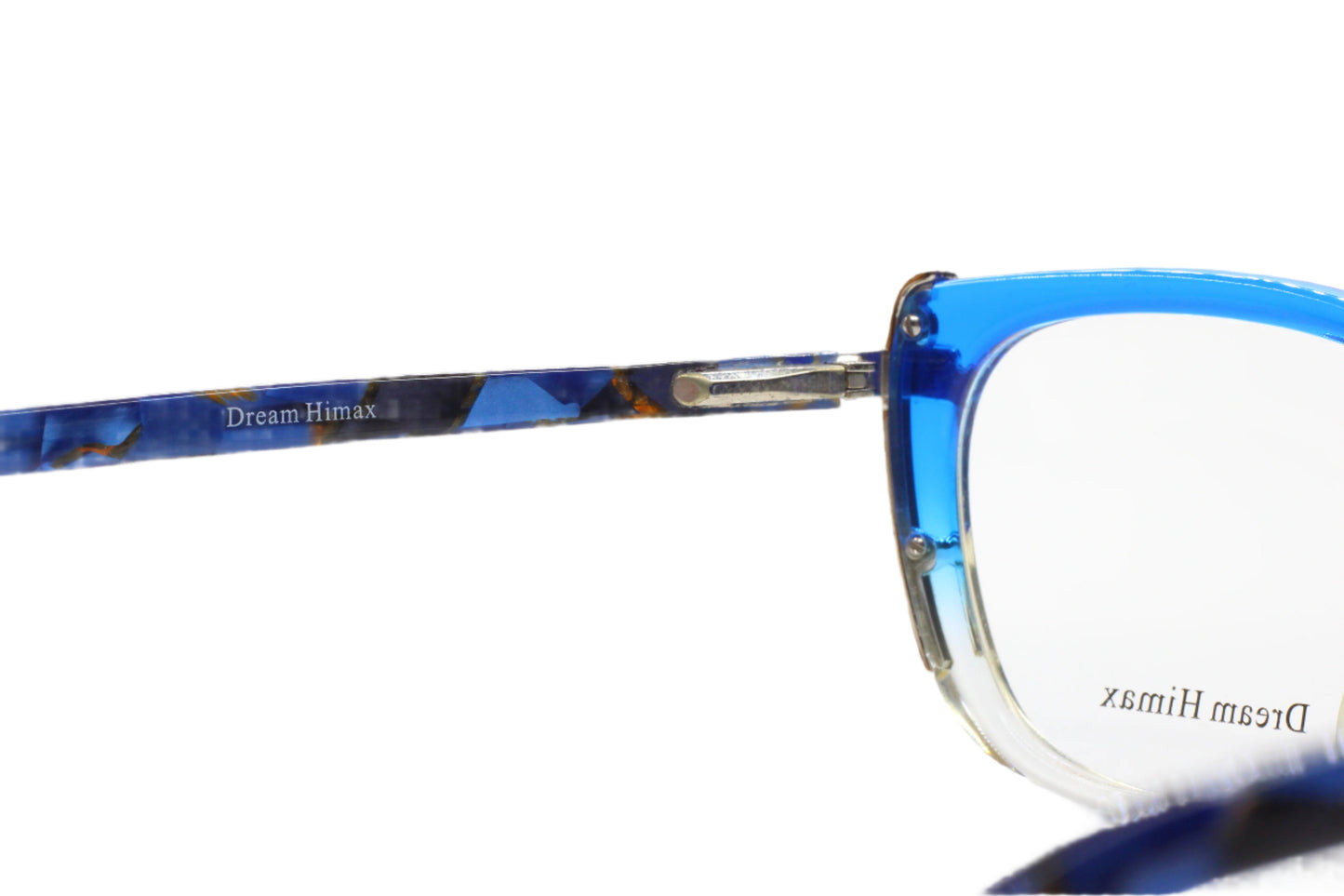 Close-up view of Dream Himax H6321 eyewear blue and transparent optical frames by ABC Optical