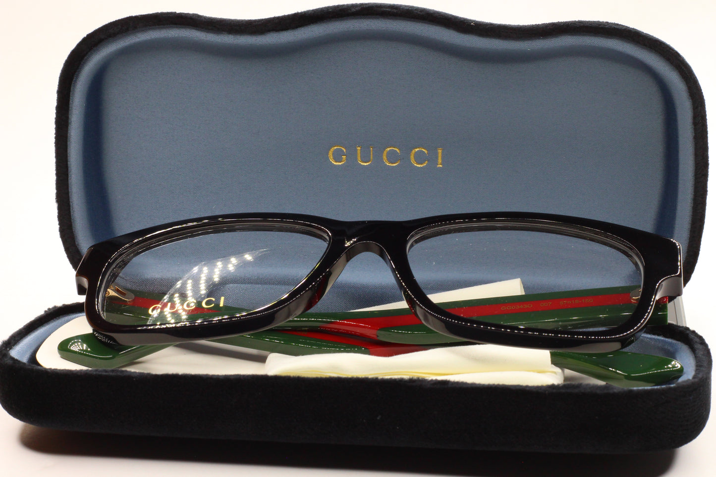 Gucci GG0343O 007 eyeglasses for sale black rectangular frames in a Gucci branded case from ABC Optical