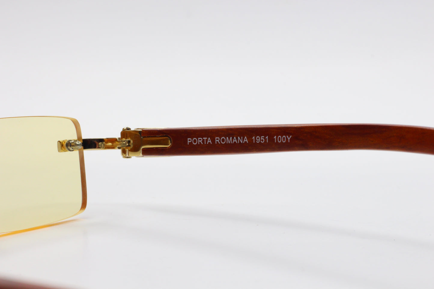 PORTA ROMANA 1951 100Y GOLD & WOOD Yellow Tint Rimless Sunglasses -Ma Optical Frames ABC Optical sunglasses