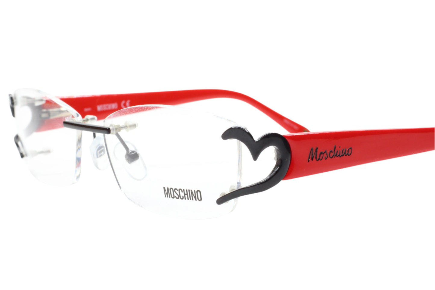 Moschino MO05303 Red Black Hearts Rimless Luxury Italy Eyeglasses 52-15-130 Black Red Metal Optical Frames ABC Optical Eyeglasses