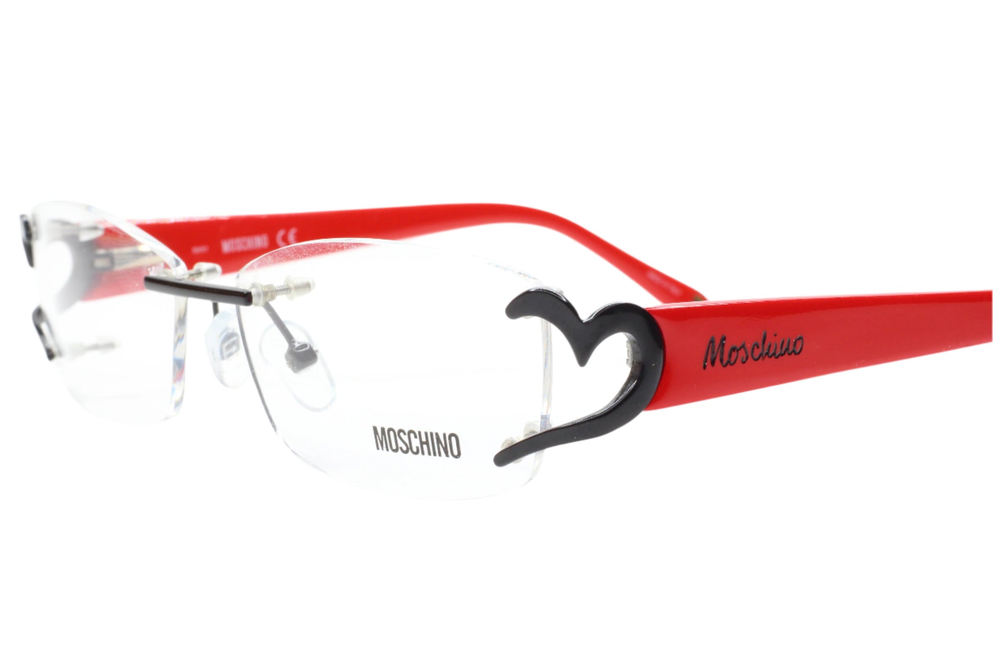 Moschino MO05303 Red Black Hearts Rimless Luxury Italy Eyeglasses 52-15-130 Black Red Metal Optical Frames ABC Optical Eyeglasses