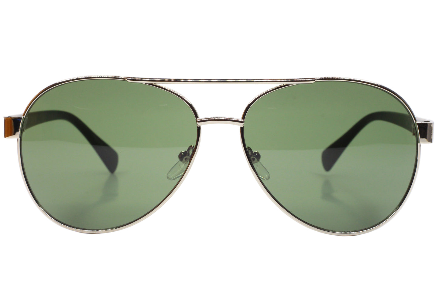 Aviator sunglasses with green lenses and silver frame on a white background