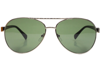 Aviator sunglasses with green lenses and silver frame on a white background