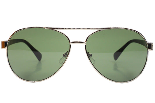 Aviator sunglasses with green lenses and silver frame on a white background