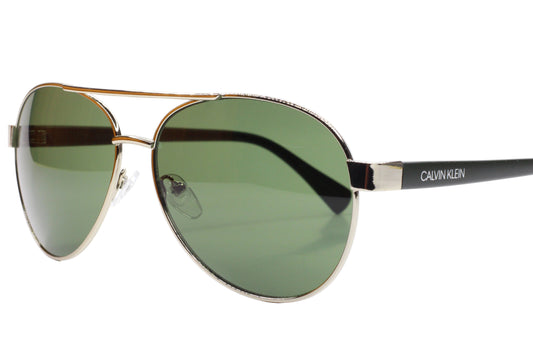 Aviator sunglasses with silver frame and green lenses on a white background