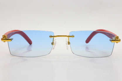 Porta Romana 1953 100B Gold & Red Wood Rimless Luxury Sunglasses -Ma