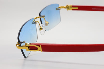 Porta Romana 1953 100B Gold & Red Wood Rimless Luxury Sunglasses -Ma