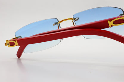 Porta Romana 1953 100B Gold & Red Wood Rimless Luxury Sunglasses -Ma