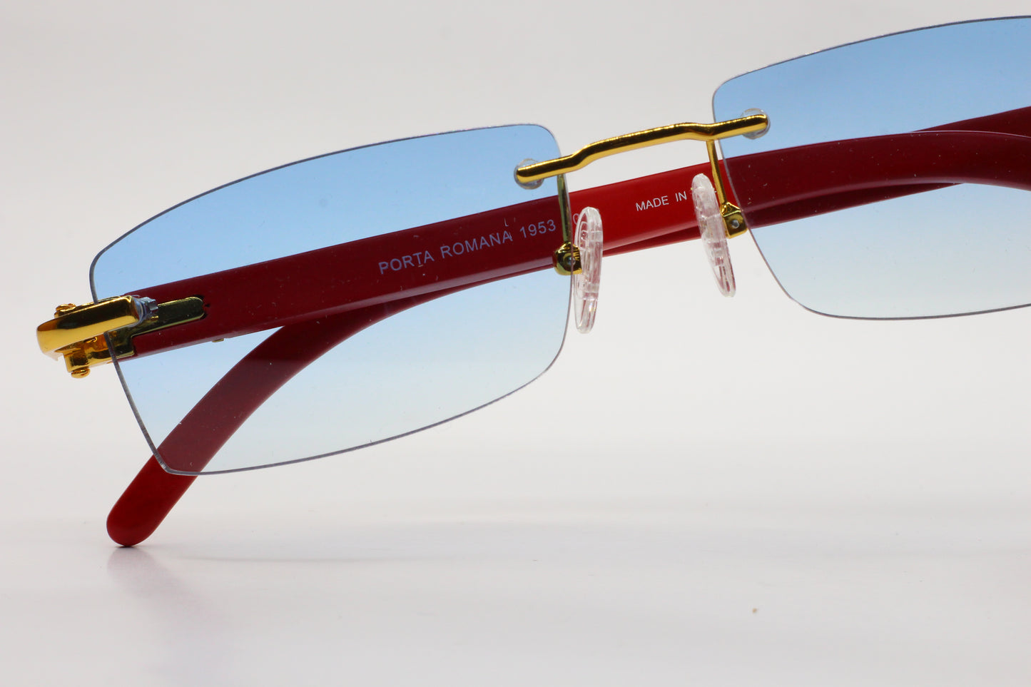 Porta Romana 1953 100B Gold & Red Wood Rimless Luxury Sunglasses -Ma