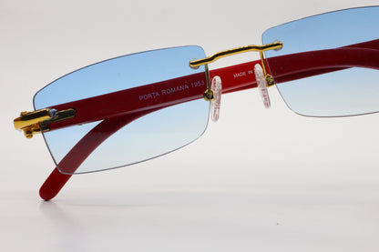 Porta Romana 1953 100B Gold & Red Wood Rimless Luxury Sunglasses -Ma
