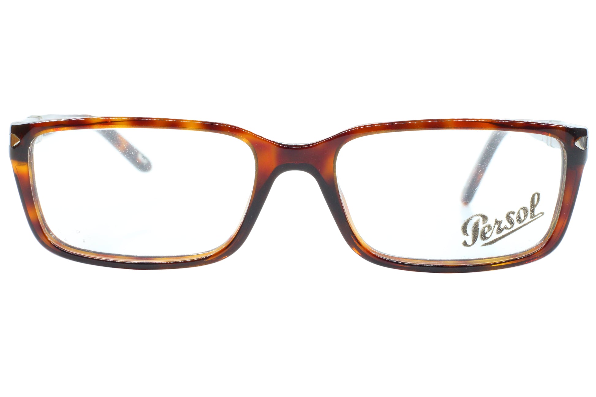Tortoiseshell eyeglasses with Persol logo on a white background