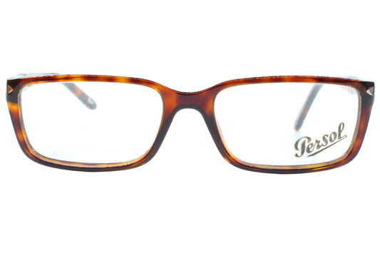 Tortoiseshell eyeglasses with Persol logo on a white background
