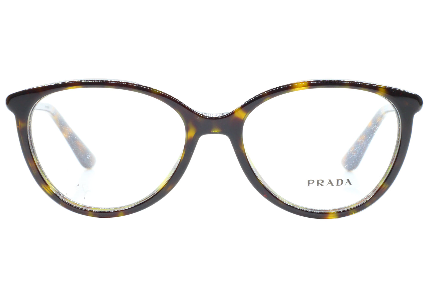 Prada eyeglasses with tortoiseshell frame on a white background