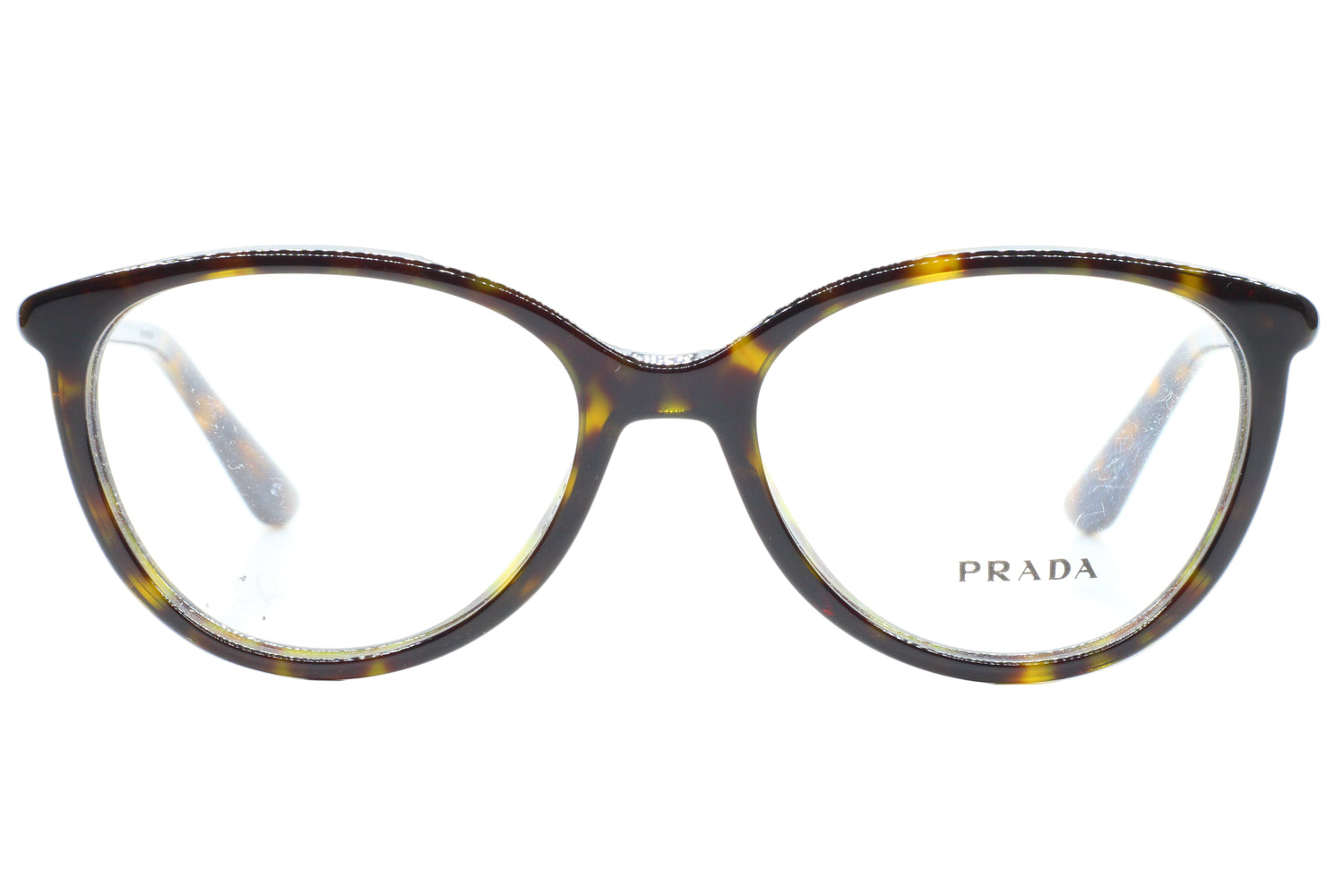Prada eyeglasses with tortoiseshell frame on a white background