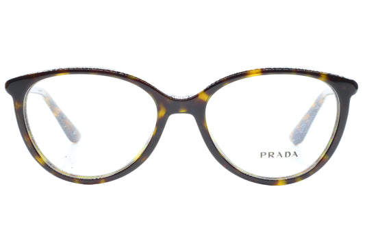 Prada eyeglasses with tortoiseshell frame on a white background