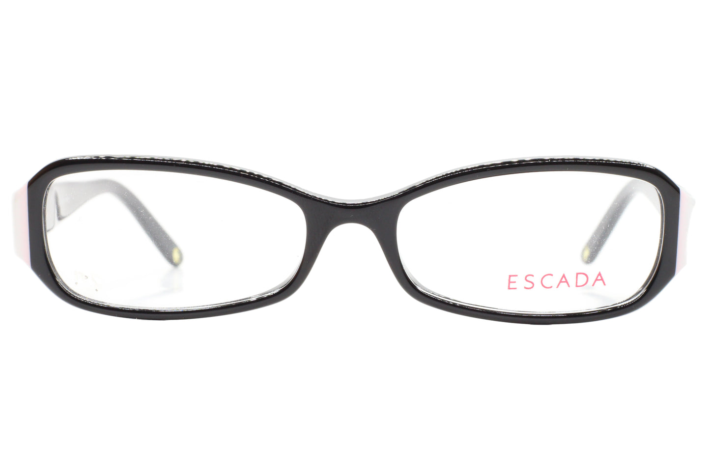 Black eyeglasses with 'Escada' branding on a white background