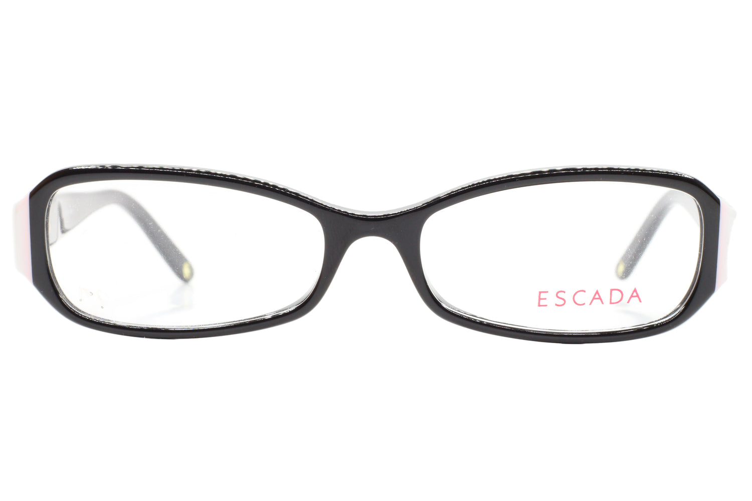 Black eyeglasses with 'Escada' branding on a white background