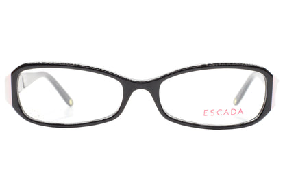 Black eyeglasses with 'Escada' branding on a white background