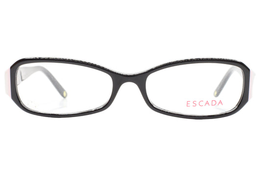 Black eyeglasses with 'Escada' branding on a white background
