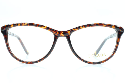 Tortoiseshell glasses with 'Escada' logo on a white background