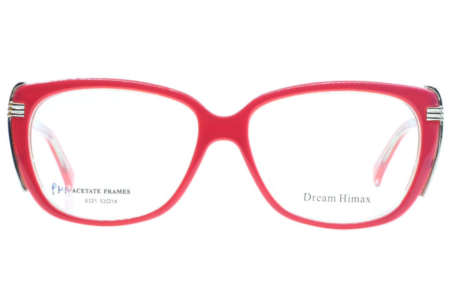 Pink eyeglasses with 'Dream Himax' branding on a white background