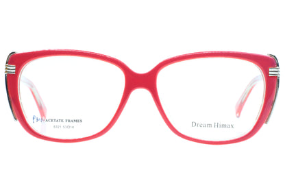 Pink eyeglasses with 'Dream Himax' branding on a white background