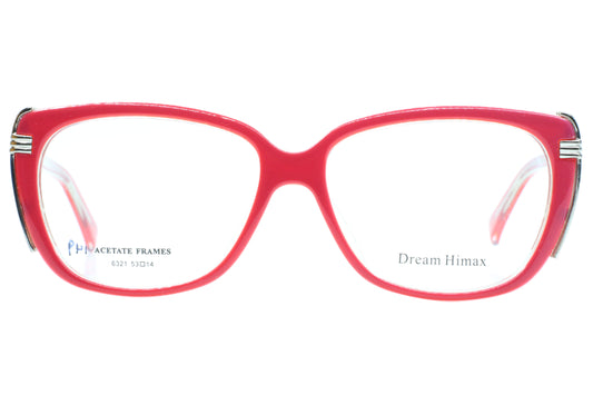 Pink eyeglasses with 'Dream Himax' branding on a white background