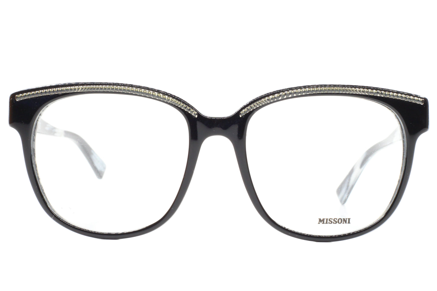 Black eyeglasses with 'Missoni' branding on a white background
