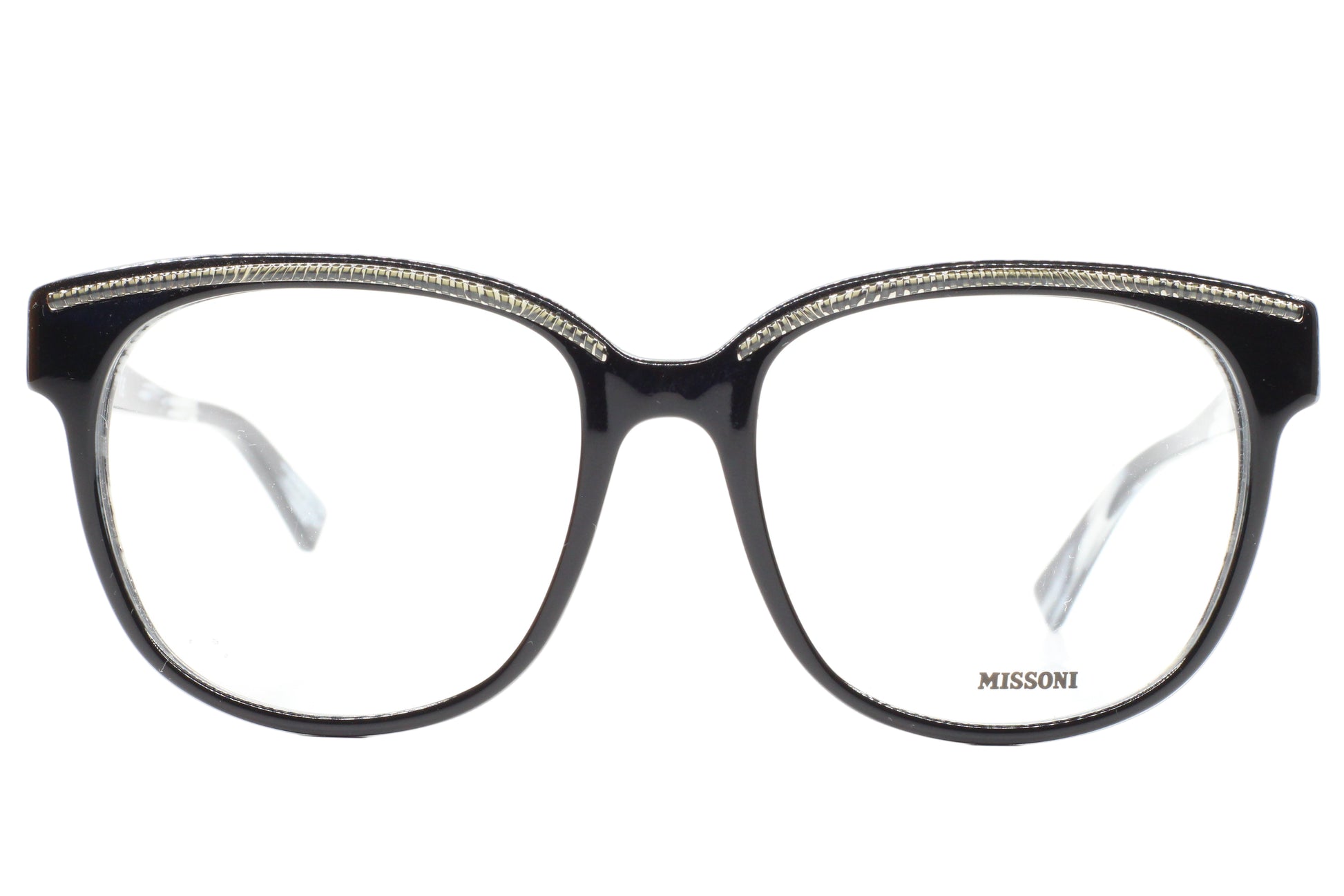 Black eyeglasses with 'Missoni' branding on a white background