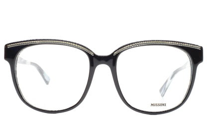 Black eyeglasses with 'Missoni' branding on a white background