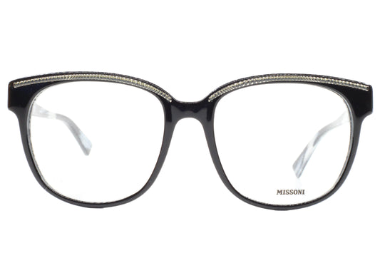 Black eyeglasses with 'Missoni' branding on a white background