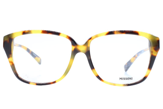 Tortoiseshell glasses with Missoni logo on a white background