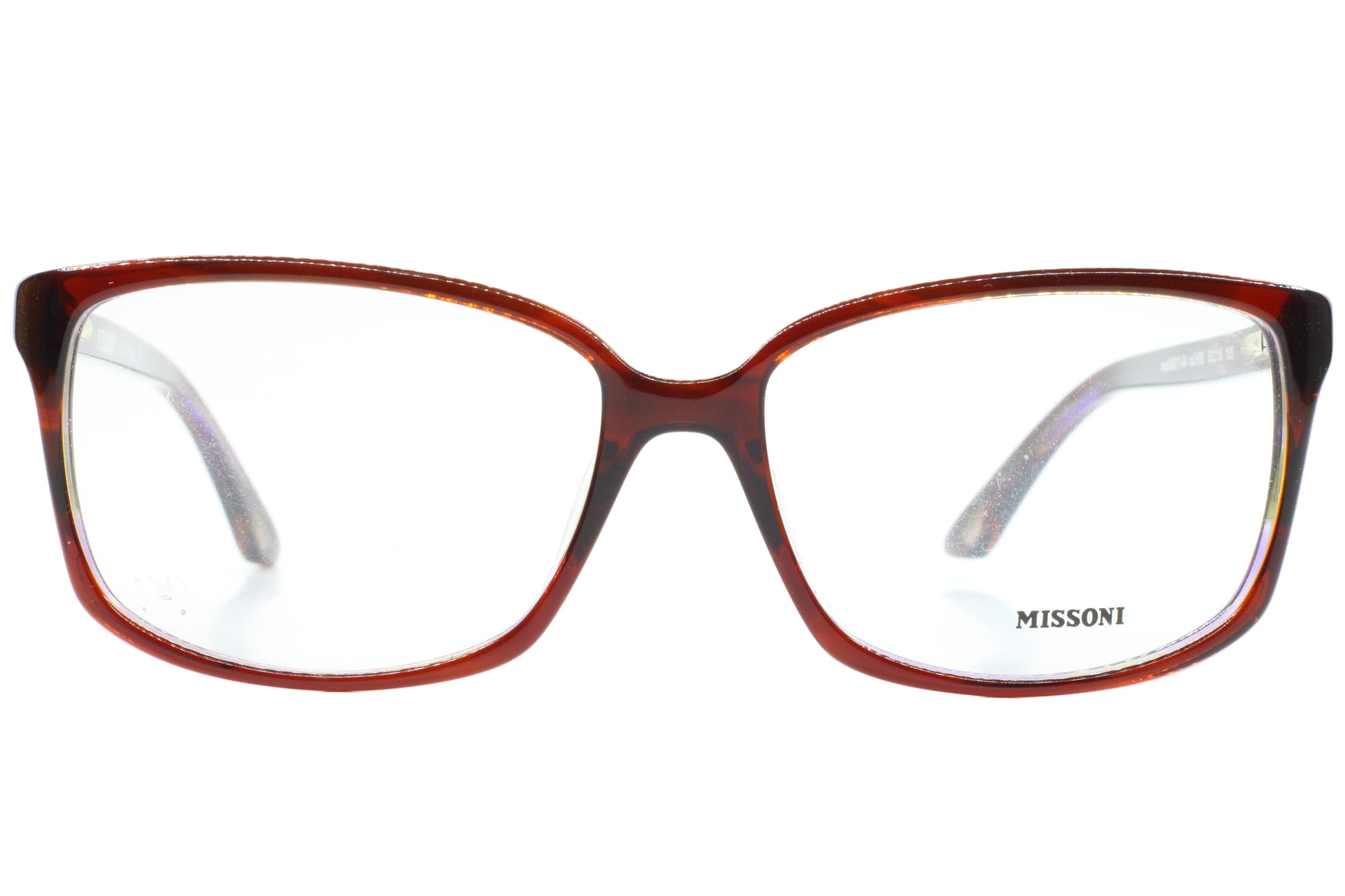 Brown and black cat-eye glasses with 'Missoni' branding on a white background