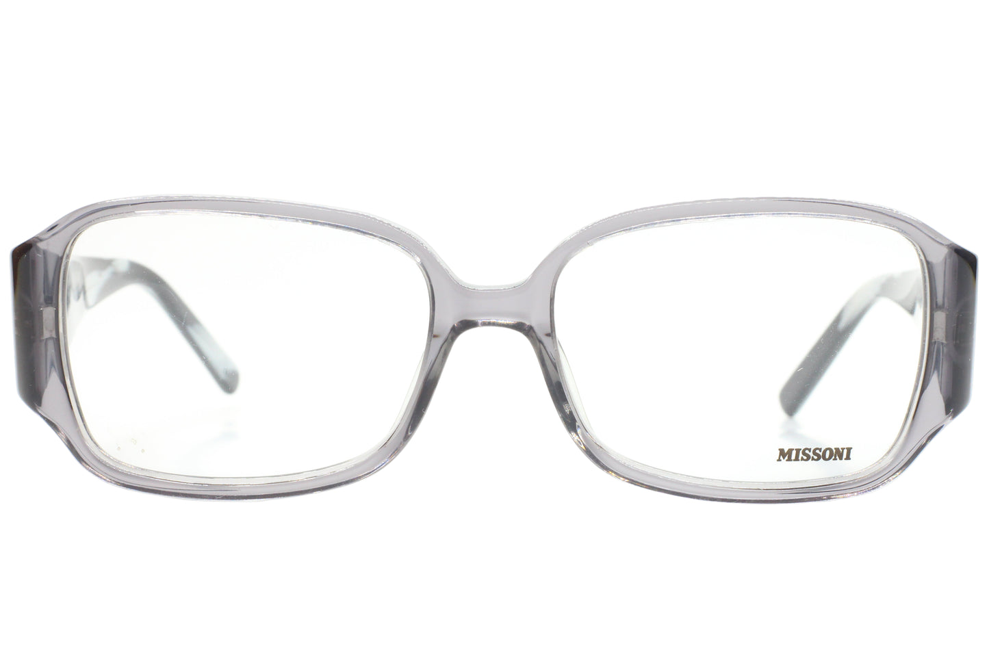 Clear eyeglasses with 'Missoni' branding on a white background