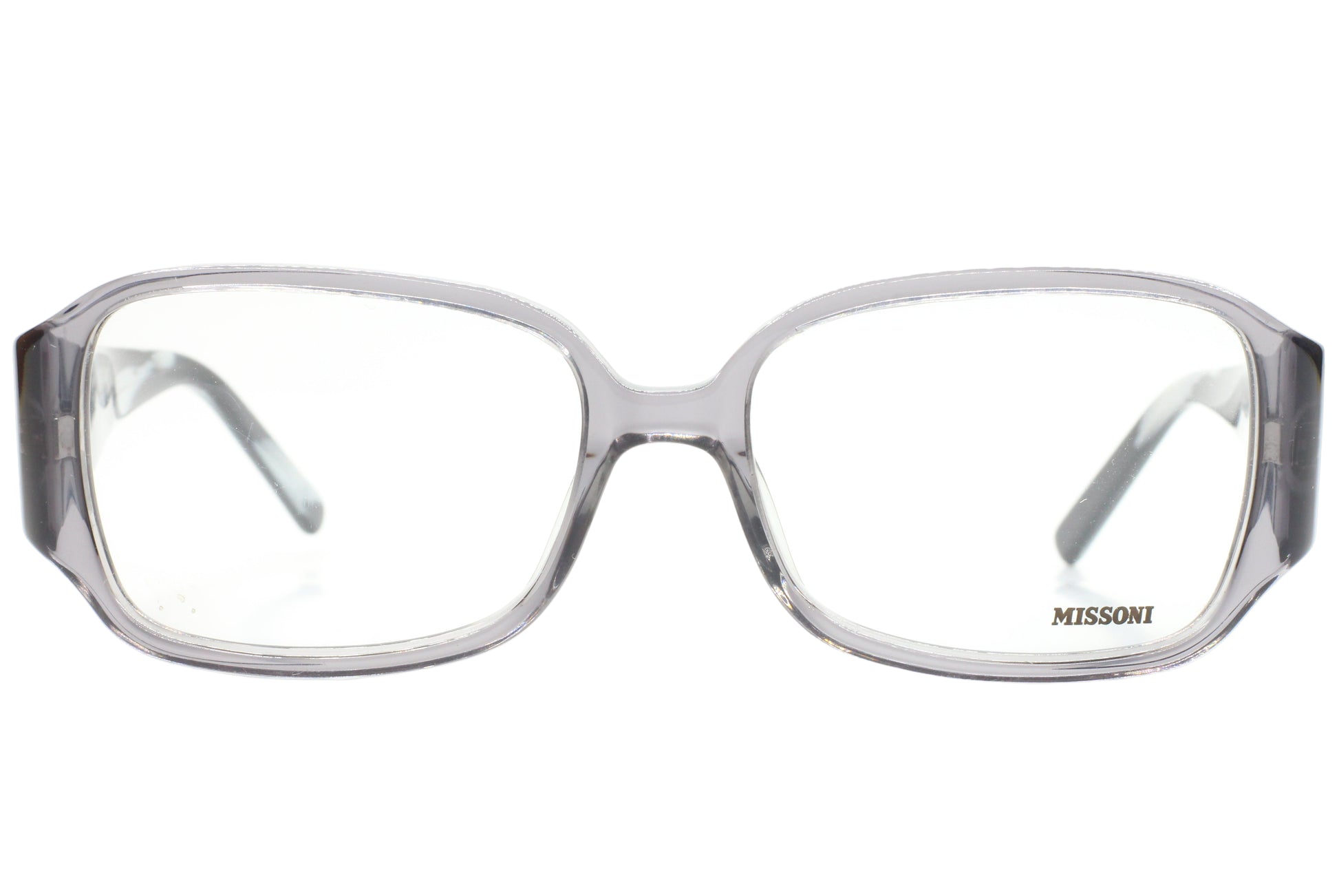 Clear eyeglasses with 'Missoni' branding on a white background