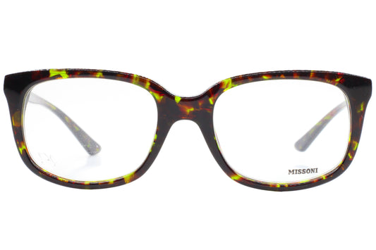 Tortoiseshell eyeglasses with Missoni logo on a white background
