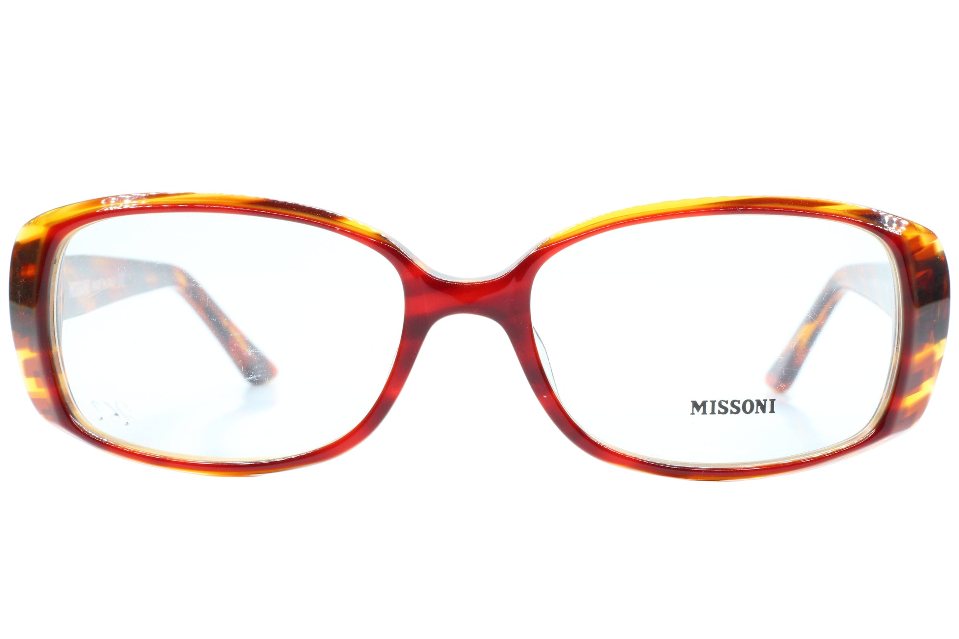 Tortoiseshell eyeglasses with 'Missoni' branding on a white background