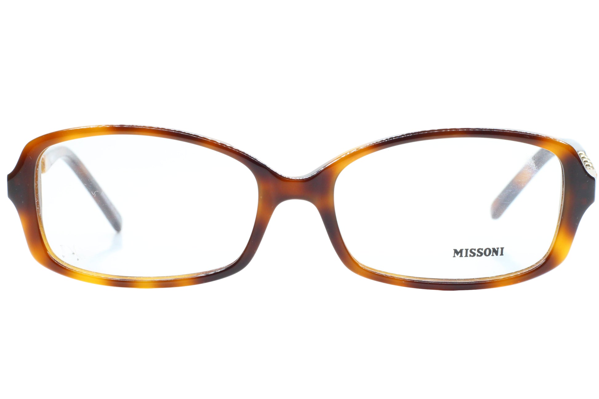 Tortoiseshell eyeglasses with 'Missoni' branding on a white background
