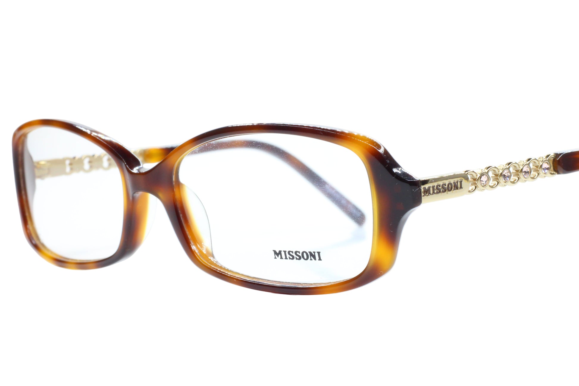 Missoni eyeglasses with tortoiseshell frame and gold accents on a white background