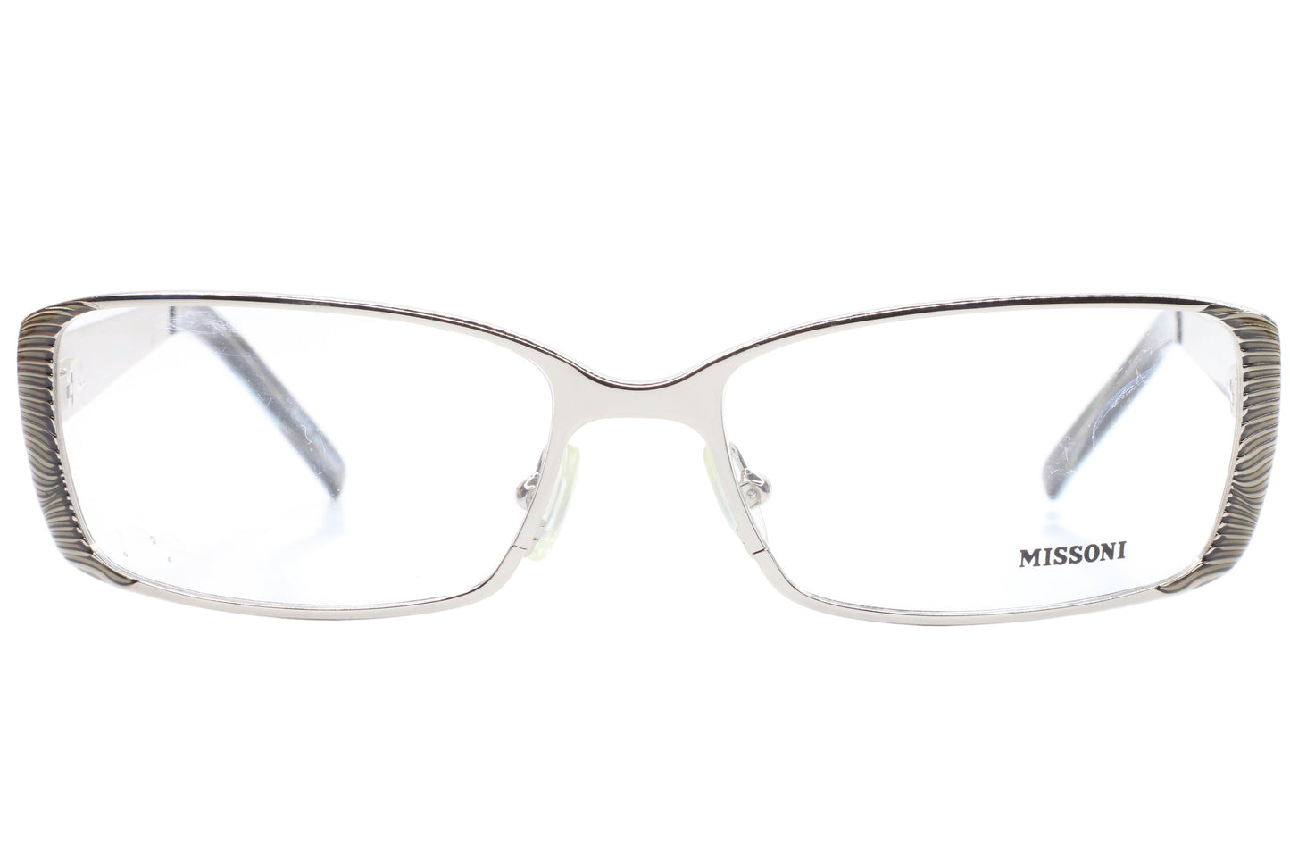Silver eyeglasses with 'Missoni' branding on a white background